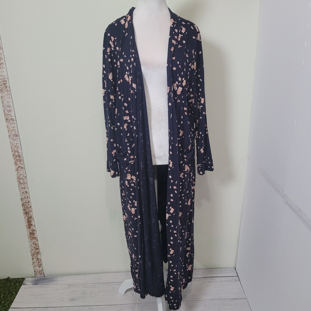 J. Jill Large Petite Long Robe Womens Navy Blue Floral Cotton Modal Sleepwear
